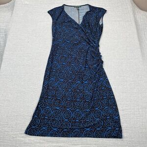 Lauren Ralph‎ Lauren Dress 12 Turquoise Brown Medallion Faux Wrap Ruched Waist